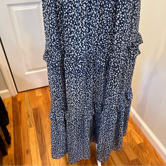 J Crew Factory Navy Blue Dress With Floral Ruffle Tiered Maxi Dress Size 6 - Picture 3 of 8
